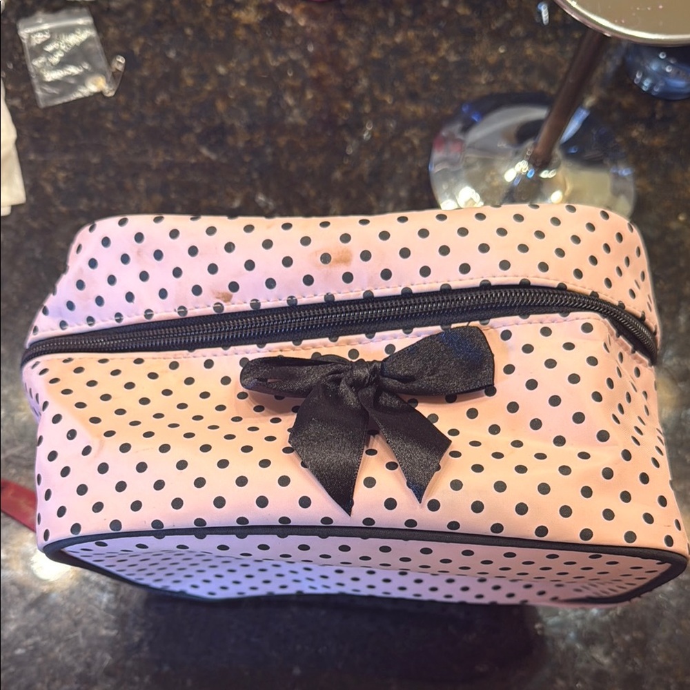 Pink Polka Dot Cosmetic Bag with Black Bow